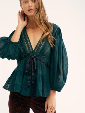 Free People Favorite Romance Tunic Blouse Lace Green XS